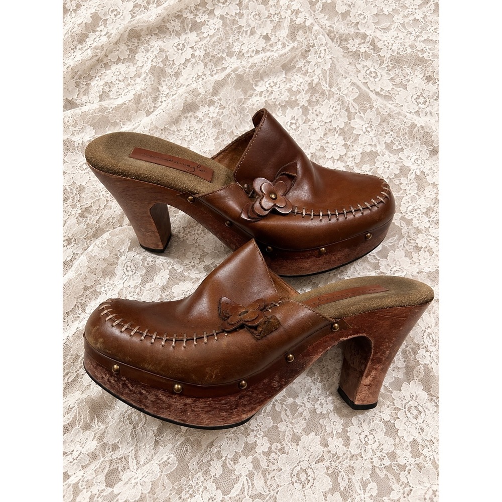 VTG Y2K American Eagle Brown Leather Floral Wood Platform Clogs Mules 7.5M Boho